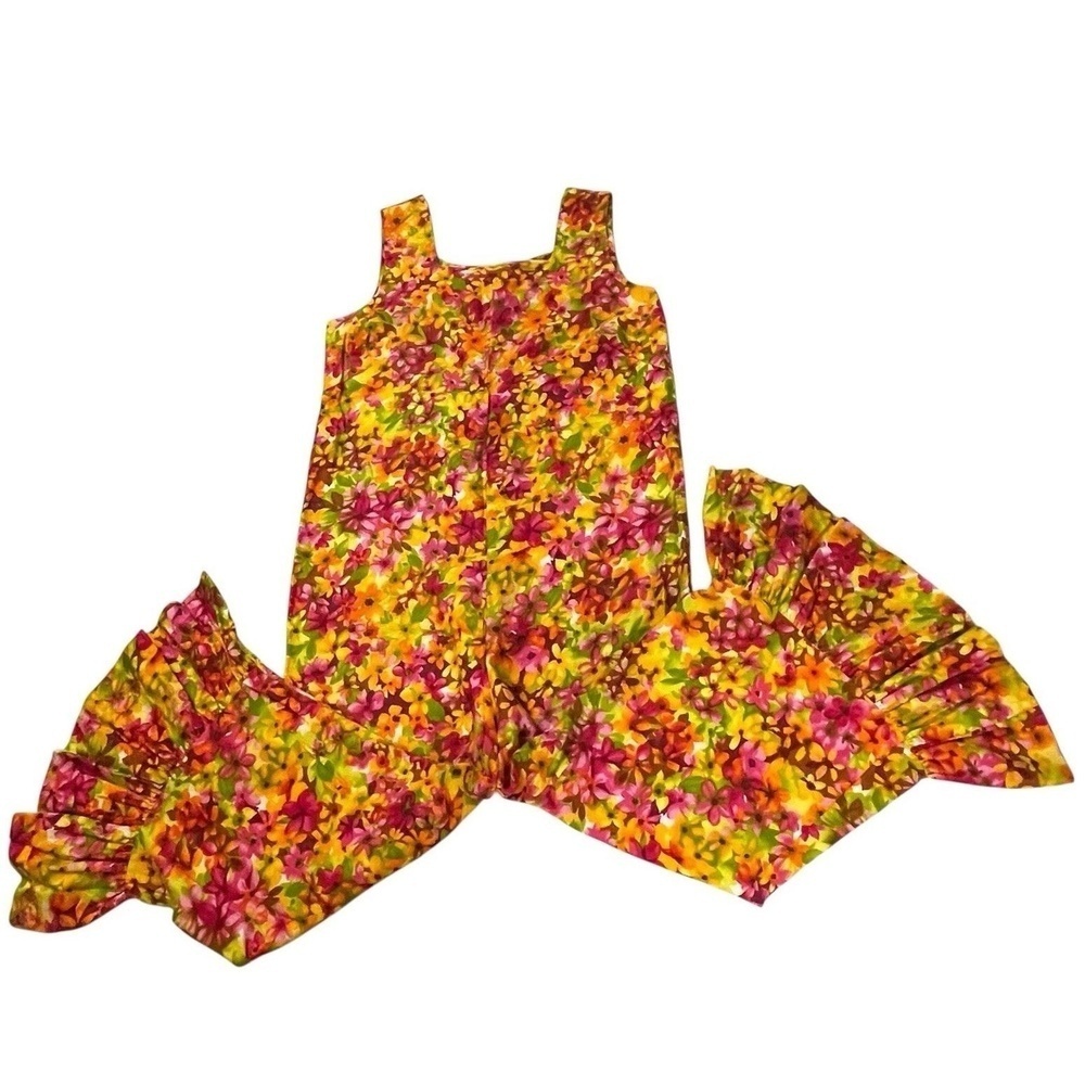 Vintage 60s 70s Psychedelic Mod Bell Bottom Jumpsuit Floral Pink Red Yellow